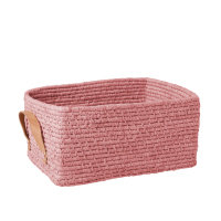 Soft Pink Rectangular Raffia Basket Leather Handles Rice DK